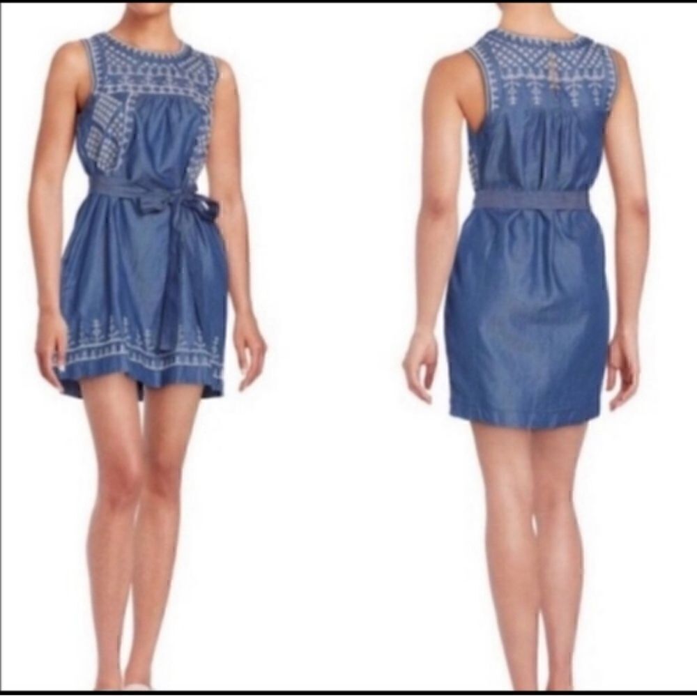 Romeo + Juliet Couture Embroidered Denim Dress with tie Blue